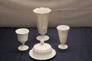 lot 645 image: Set of 4 Vintage White Milk Glass Vases and Covered Dish - Grapevine Pattern