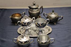 lot 649 image: Collection of 8 Vintage Silver-Plated Tea Set and Accessories