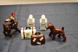 lot 650 image: Collection of 4 Vintage Ceramic Figurines and Salt & Pepper Shakers - Dog and Luggage Theme