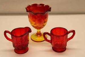 lot 656 image: Set of 3 Vintage Red and Amber-Hued Glassware - Compote and CreamerSugar Set