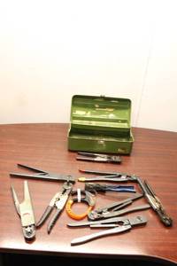 lot 675 image: Collection of Vintage Tools with Green Toolbox - Universal Crimping and Stripping Tools