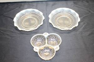 lot 833 image: Set of 3 Vintage Glass Dish Plates - Two Banded Bowls and One Triple Sectioned Dish