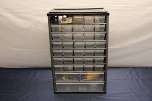 lot 718 image: Multi-Drawer Storage Cabinet with Clear Plastic Drawers - 42 Compartments