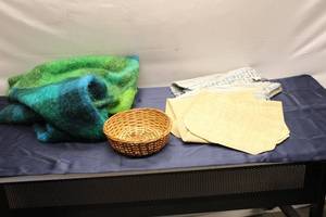 lot 722 image: Mixed Lot of Textiles and Basket - Includes Vintage Mohair Throw and Placemats