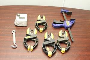 lot 733 image: Tool Set 4 Clamps, 1 C-Clamp, 1 Turnbuckle, and Box of Screws