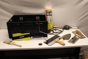 lot 746 image: Assortment of 7 Hand Tools and Accessories - Includes Trowels, Paint Roller, and Poly Film