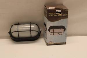 lot 750 image: Unopened Nautical Wall Light - Black Finish, Frosted Glass