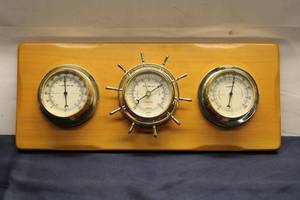 lot 758 image: Vintage Brass and Wood Weather Station with Three Gauges