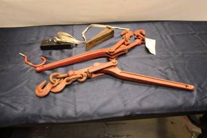lot 771 image: Lot of 2 Red Metal Load Binders with Chains and Accessories