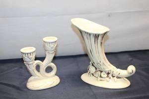 lot 781 image: Group of 2 Vintage Ceramic Candleholders and Cornucopia Vase