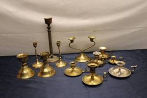 lot 805 image: Collection of 12 Vintage Brass and Silverplate Candle Holders