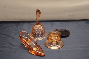 lot 811 image: Collection of Vintage Glass Items - Shoe, Bell, Candle Holder, and Purple Dish
