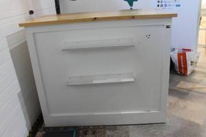 lot A-223 image: Wooden Counter Storage Unit with Shelves