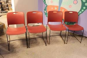 lot A-331 image: Set of 4 Red Plastic Chairs with Metal Frame