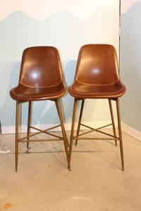 lot A-333 image: Set of Two Brown Leather Bar Stools
