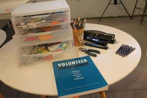 lot 336 image: Office Supply Lot with Storage Drawers and Volunteer Management Book