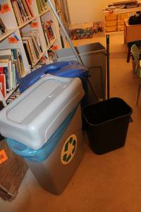 lot 461 image: Assorted Trash and Recycling Bins with Broom and Dustpan
