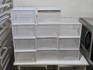 lot 23 image: Set of 11 White Vented Plastic Storage Bins - Stackable