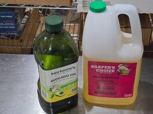 lot 342 image: Mariannes Avocado Oil and Soapers Choice Meadowfoam Seed Oil Lot Near empty and 34 full.