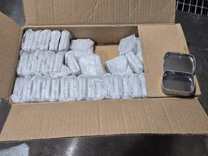 lot 524 image: Lot of Small Metal Tins - Approximately 34 Full Box and is 2 layers deep