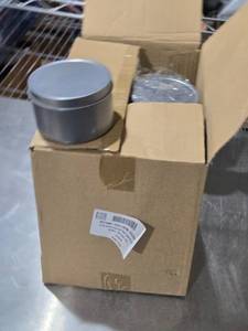 lot 525 image: Box of 24 Eight-Ounce Rust Resistant Deep Round Steel 8oz Tin Cans