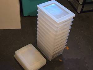 lot 617 image: Stack of Clear Plastic Shoe Box Size Storage Bins with Lids - Lot of 10