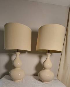 lot 56 image: Tall Vanilla Crackle Glaze Genie Bottle Table Lamps, pair