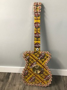 lot 39 image: Grain Belt Beer Wall Hanging Guitar Clock made out of Foil and Bottle Caps