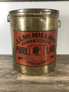 lot 40 image: Antique Rare 50 Pound Tin J.T McMillan Co. Kettle Rendered Pure Lard St. Paul Mn