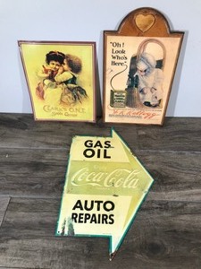 lot 148 image: Advertisement Wall Hanging Decor - Coca Cola (Metal) - Clarks O.N.T. Spool Cotton ( Metal) - Kelloggs