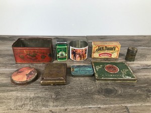 lot 161 image: Lot of Vintage Tins and More - Coca Cola - Union Leader Cut Plug - Bonanza - Jack Daniels Metal Tin Match Box - Edge Worth Pipe Tobacco - Lucky Strike Cigarettes - Automobile Cotter Pins - Steam Ship Spices