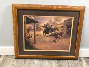 lot 400 image: Framed Western Shootout Picture by Charlie Dye 1961