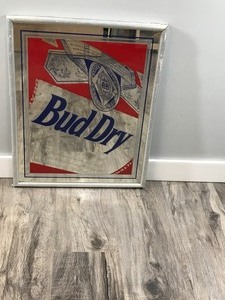 lot 410 image: Vintage Budweiser Beer BUD DRY Mirror Bar Sign - 16.75 across x 20.75 tall