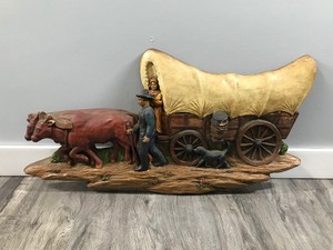 lot 414 image: Vintage 1950S Universal Statuary Oxen Pulling Stagecoach Wall Hanging