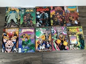 lot 446 image: Lot of 10 Comic Books - Armorines - Legends of Luxura - Armor - The Man Called A-X - Concrete - Cyberrad - Storm Quest - Aquaman