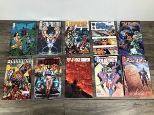 lot 451 image: Lot of 10 Comic Books - Talismen - Gate Crasher - Supreme - Weapon Zero - Solar Lord - Stephen Colbert Tekjansen - Judge Dredd - Crossed Badlands