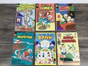 lot 453 image: Lot of 6 Comic Books - Walt Disneys Comics & Stories - Bugs Bunny - Beetle Bailey - Meet the Bank - Uncle Scrooge