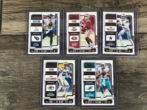 lot 508 image: Lot of 5 2023 Panini Contenders Football Cards - Will Levis - Brock Purdy - Dak Prescott - Jaire Alexander - Tua Tagovailoa