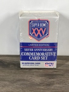 lot 526 image: 1990 Pro Set Football Silver Anniversary Super Bowl XXV Limited Edition Commemorative Complete Sealed Set - 160 Super Bowl Cards