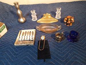 lot 550 image: brass pipe rest, blue glass & metal & pottery toothpick holders, carnival glass dish, set of mini forks, candle holders and book marker