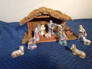 lot 375 image: Wood manger set with ceramic figurines