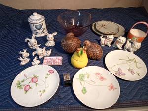 lot 317 image: Ebling & Reuss snack plates, American Atelier serving plates, cat & rabbit& owl figurines, sugar dish, and more