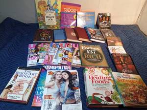 lot 280 image: Box of hard & soft cover books, magazines, DVDs