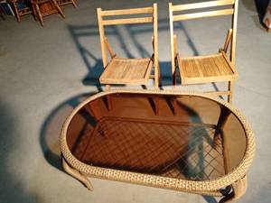 lot 270 image: 2 Wood folding chairs and a wicker coffee table with glass top