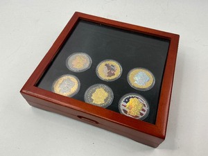 lot 12 image: 6pc Colorized Silver Morgan Dollar Set wCherrywood Box