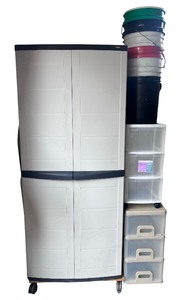 lot 73 image: Garage Storage Cabinet, Five Gallon Buckets & Plastic Storage Drawers