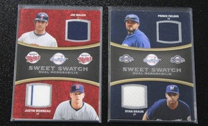 lot 19 image: 2008 Sweet Spot Sweet Swatch Dual Relic Joe MauerJustin Morneau & Prince FielderRyan Braun Lot