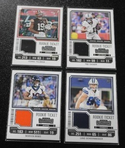 lot 27 image: 2023 Contenders Football Rookie Ticket Jersey Relic Lot  4 Rookie Cards
