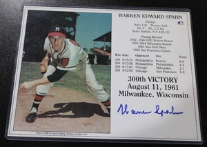 lot 68 image: Milwaukee Braves Warren Spahn 300th Victory 8x10 Autograph Photo