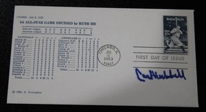 lot 99 image: 1983 Postmark Envelope Cache w Carl Hubbell Autograph